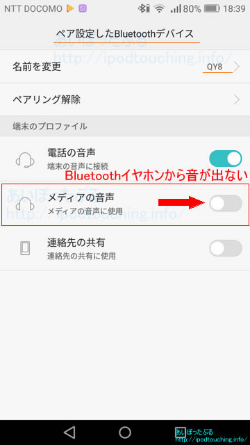 メディアの音声OFF、ペア設定したBluetoothデバイス画面